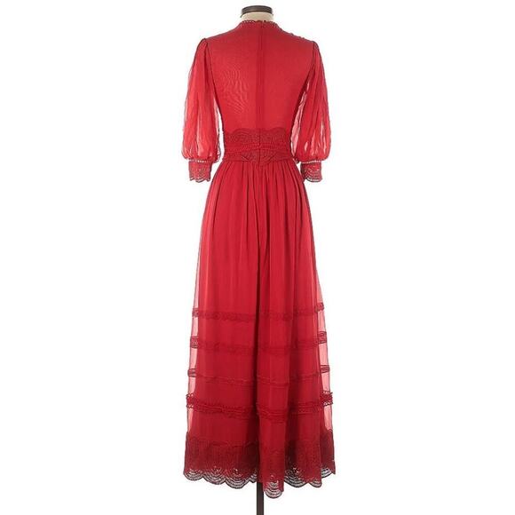 COSTARELLOS Red Scalloped Lace-Trim Maxi Dress Silk Gown Embroidered 36 4 S - Picture 8 of 10